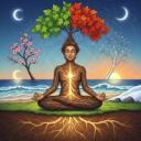 An illustration of a person meditating in a serene natural setting, with deep, glowing roots extending from their body into the earth, surrounded by subtle visual representations of changing seasons, ocean tides, and celestial movements, conveying a sense of interconnectedness and enduring natural cycles.