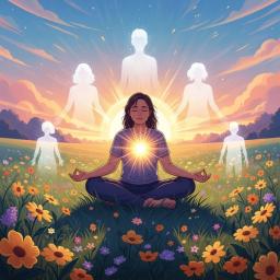 A person sits peacefully in a serene, sunlit meadow, eyes gently closed, a soft, warm glow emanating from their chest, symbolizing the radiating energy of loving-kindness. Surrounding them are translucent, shimmering figures representing themselves, a loved one, a neutral person, and a difficult person, all bathed in the same gentle light.