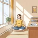A serene individual sits in a quiet office space, bathed in soft, natural light, practicing mindful breathing to alleviate anxiety. Papers are neatly stacked, and a gentle smile graces their face as they find peace amidst their work.
