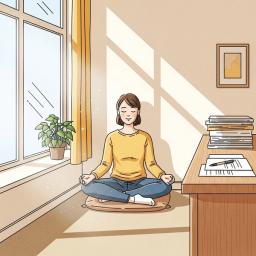 A serene individual sits in a quiet office space, bathed in soft, natural light, practicing mindful breathing to alleviate anxiety. Papers are neatly stacked, and a gentle smile graces their face as they find peace amidst their work.