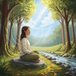 Illustration of a serene person sits cross-legged in a peaceful, natural environment, eyes gently closed, with subtle ripples of sound emanating outwards, symbolizing deep mindful listening to ambient sounds.
