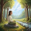 Illustration of a serene person sits cross-legged in a peaceful, natural environment, eyes gently closed, with subtle ripples of sound emanating outwards, symbolizing deep mindful listening to ambient sounds.