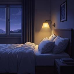 Illustration of a serene, dimly lit bedroom at dusk, with soft, warm light emanating from a bedside lamp. A cozy bed with crisp white linens and plush pillows invites rest. A window shows a tranquil night sky with a few stars beginning to twinkle. The overall atmosphere is peaceful and conducive to sleep.