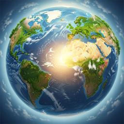 An illustration of the earth. Warm light emanates gently from the center, suggesting inner strength and compassion. The surroundings are lush and green, with a clear sky, symbolizing hope and resilience in the face of environmental challenges. The overall feeling is one of calm empowerment and connection to the Earth.