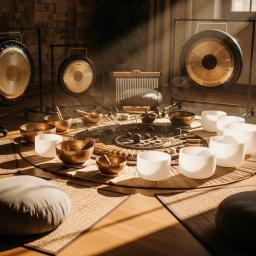 Illustration of a serene and ethereal image showing a sound bath setup with various singing bowls, gongs, and chimes arranged on soft cushions, bathed in a warm, gentle light. The air appears to shimmer with subtle energetic vibrations, suggesting a peaceful and immersive experience. Participants are not visible, emphasizing the focus on the instruments and the vibrational energy.