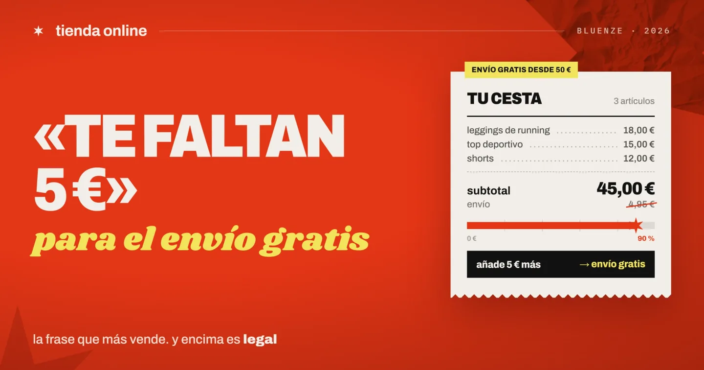 Banner azul del estudio digital Bluenze con la cifra «48 %» y la frase «de los carritos se quedan a medias por un gasto que nadie avisó». Resume un artículo sobre cómo crear una tienda online que venda: qué poner en la ficha de producto y el carrito, y qué trucos de conversión son ilegales en España si no son verdad.