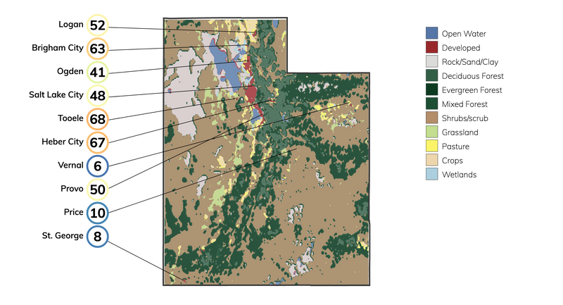 Map showing land cover in Utah and typical fire risk, out of 100, for buildings at risk in different cities in Utah.
