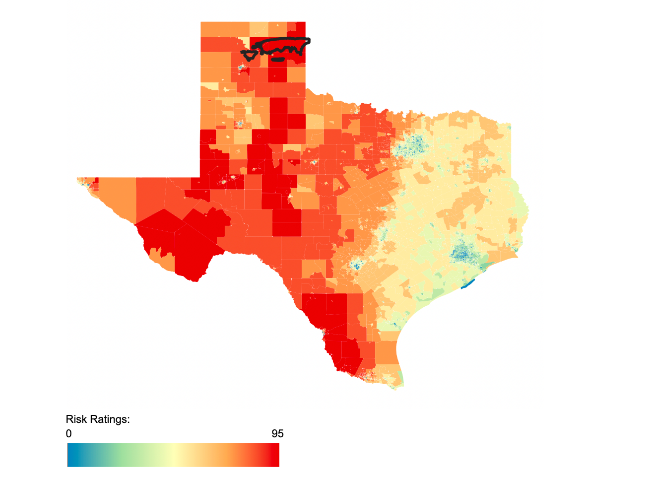 ClimateCheck heat map for wildfire risk with Texas fires perimeters marked, 2-28-2024