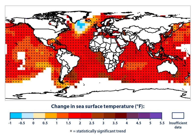 Heat - Ocean surface temperature rise due to climate change - Source: EPA.gov