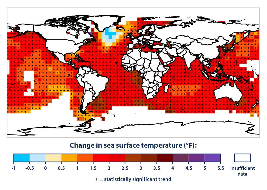 Heat - Ocean surface temperature rise due to climate change - Source: EPA.gov