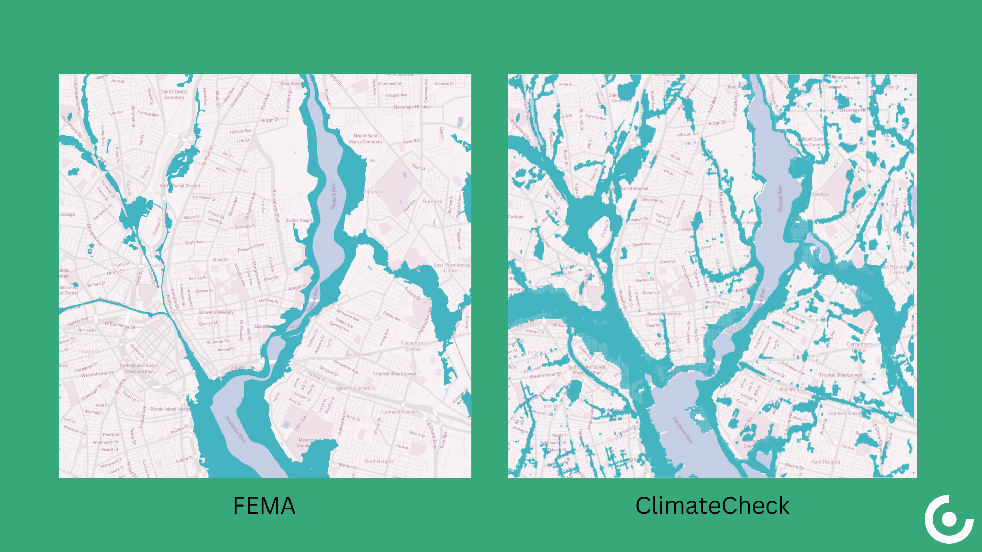 The image on the left is a depiction of potential flooding in Providence, RI based only on FEMA flood map data. The image on the right depicts projected flooding under the RCP8.5 warming scenario based on ClimateCheck's more comprehensive analysis.