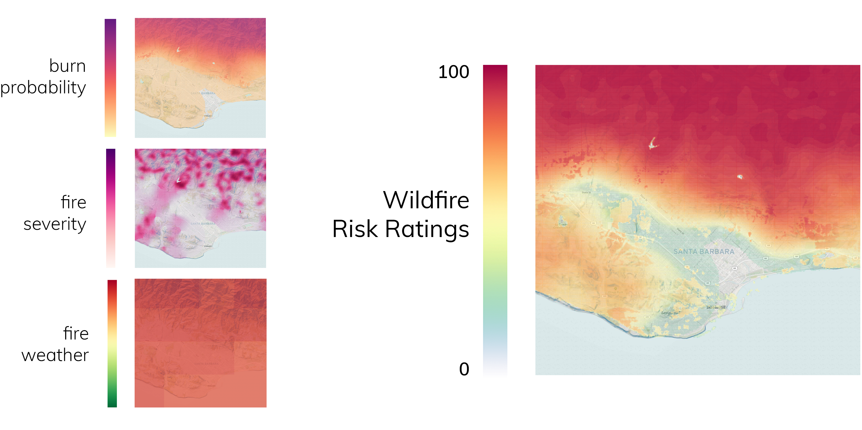 burn probability, fire severity, and fire weather contribute to the wildfire risk ratings.