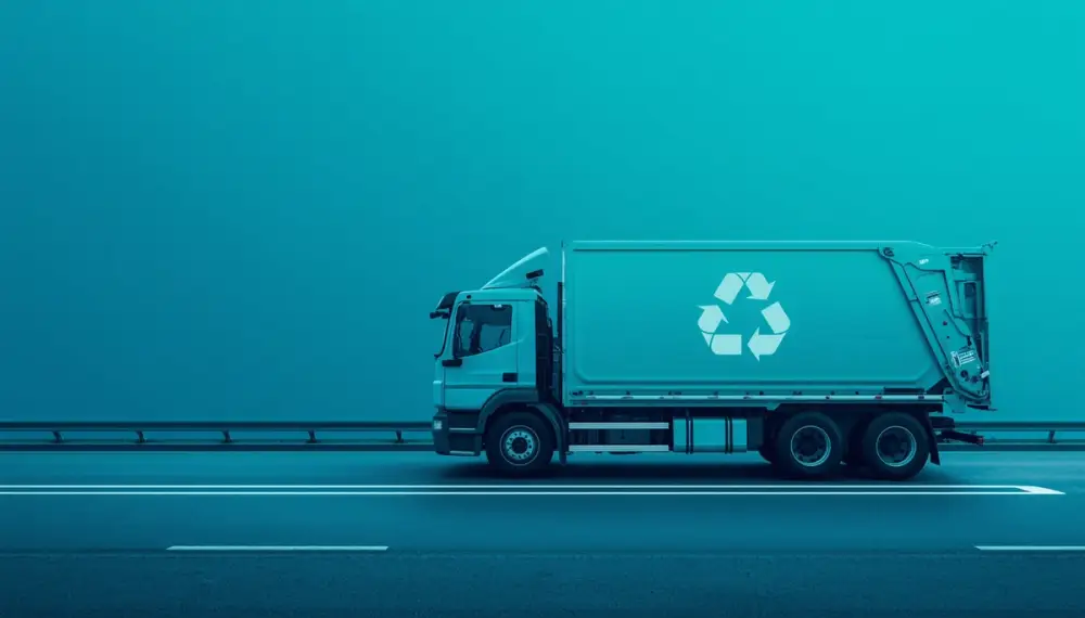 Clean professional article cover image showing a waste carrier truck on UK road with recycling symbol, minimal design, modern photography style, professional business aesthetic, blue and green tones, simple composition suitable for article 
