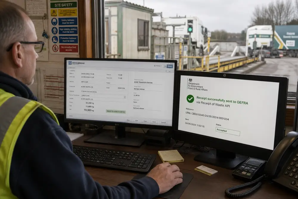 A waste operator comparing consignment note software on a laptop, a checklist of must-haves beside a phone showing a signed digital note.