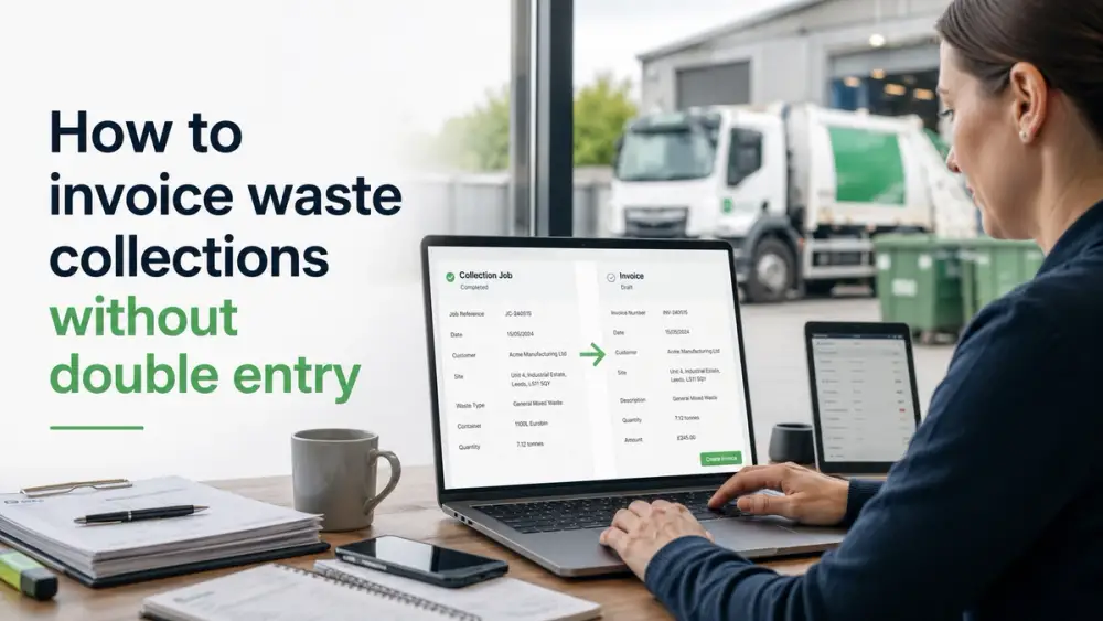 A woman tracking her waste management invoicing online digitally by sitting at a laptop in an office. In the distance is a waste refusal truck.