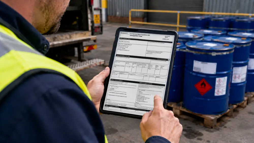A hazardous waste consignment note on a driver's tablet at a waste collection, with sealed waste drums behind.