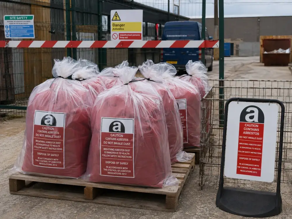 Sealed, labelled double-bagged asbestos waste in red and clear sacks, ready for a licensed carrier to collect from site.