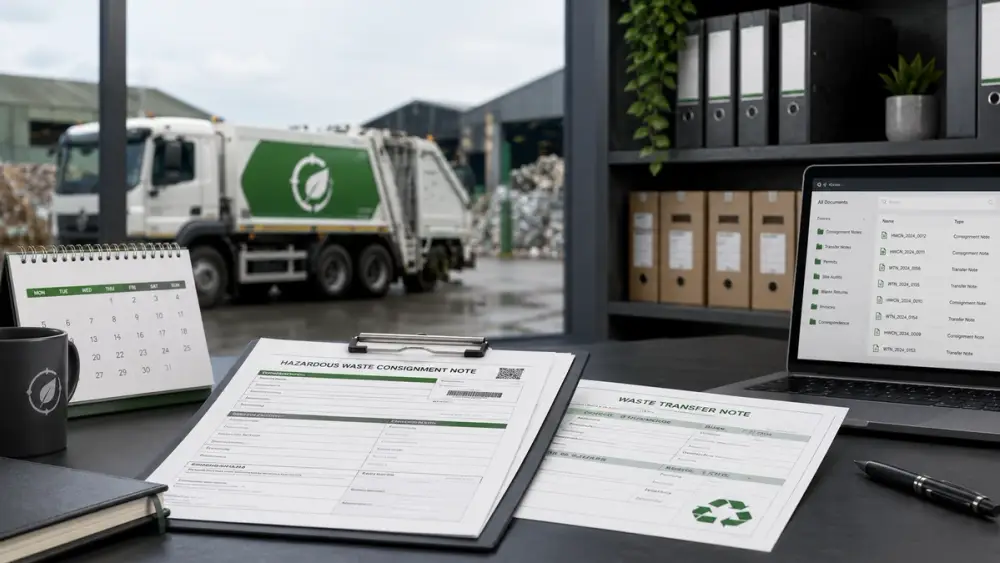 A clipboard with a consignment note beside a waste collection vehicle and industrial site, representing digital record keeping for hazardous waste documentation.