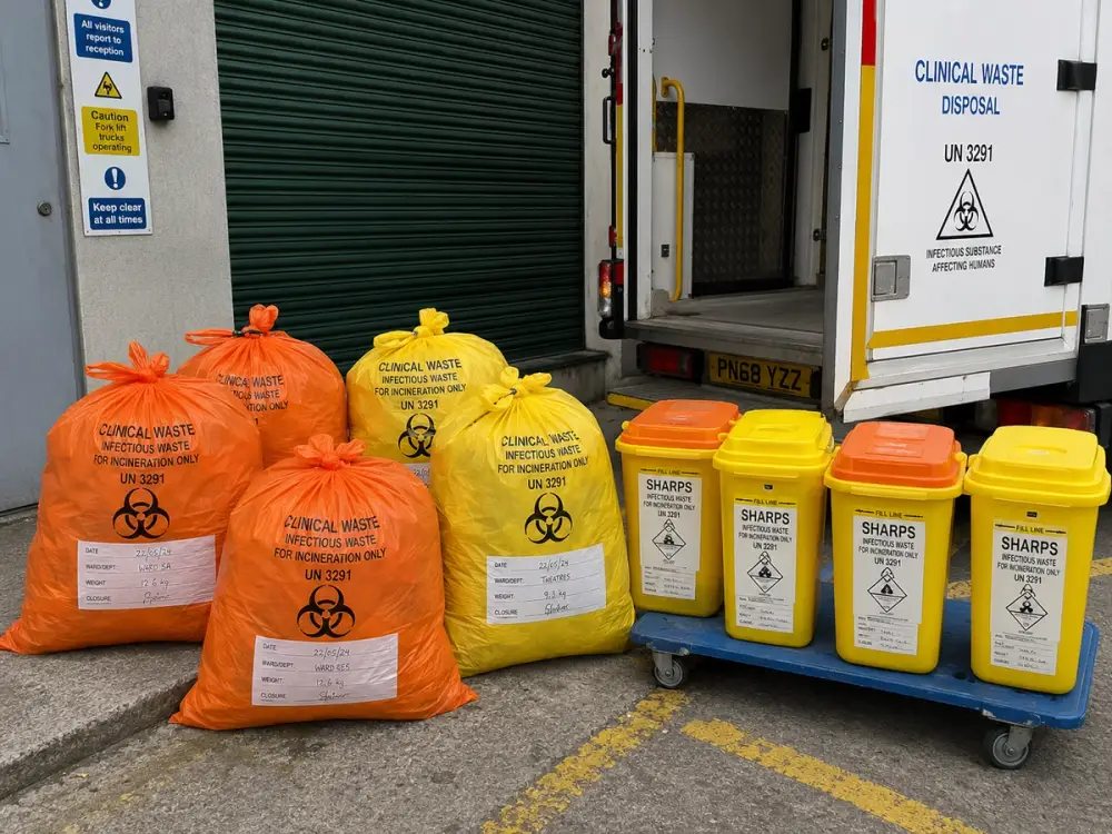 A clinical waste collection: sealed and labelled orange and yellow clinical waste bags and sharps bins, loaded for a licensed carrier.