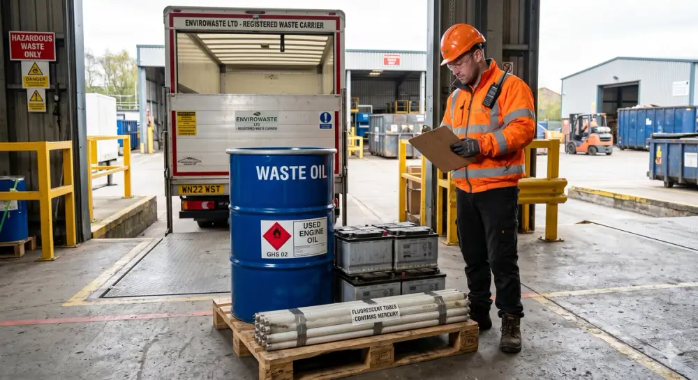 A professional photograph taken at an industrial loading bay of a waste transfer station during the daytime. In the foreground, a waste handler wearing appropriate high-visibility orange clothing, safety glasses, and gloves stands holding a clipboard, seemingly inspecting a pallet of hazardous materials. On the pallet, a blue 205-litre drum is prominently featured, clearly labeled 'WASTE OIL' with a red flammable symbol. Next to the drum is a stack of old lead-acid batteries, and bundled on the floor of the pallet are several used fluorescent tubes. In the background, the rear doors of a registered waste carrier box truck are open, ready for loading.