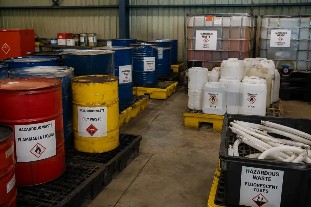 Drums and containers of hazardous waste, labelled and sorted by type, ready for a registered carrier to collect.