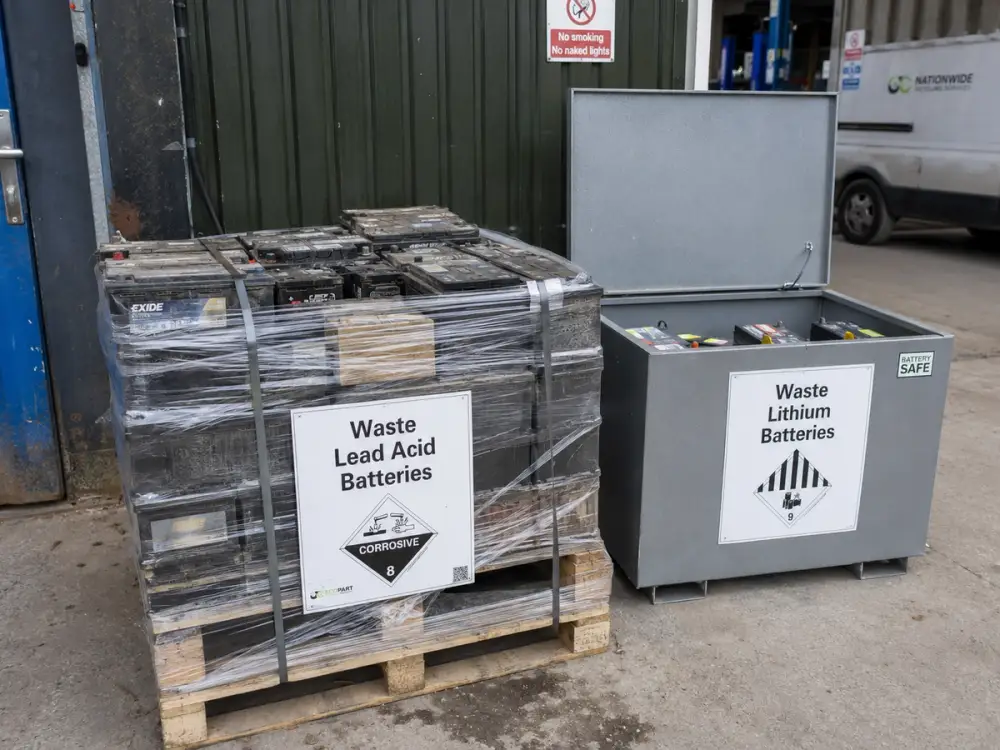 Waste batteries sorted for collection: a pallet of strapped lead-acid vehicle batteries beside a separate fireproof bin of taped lithium batteries.