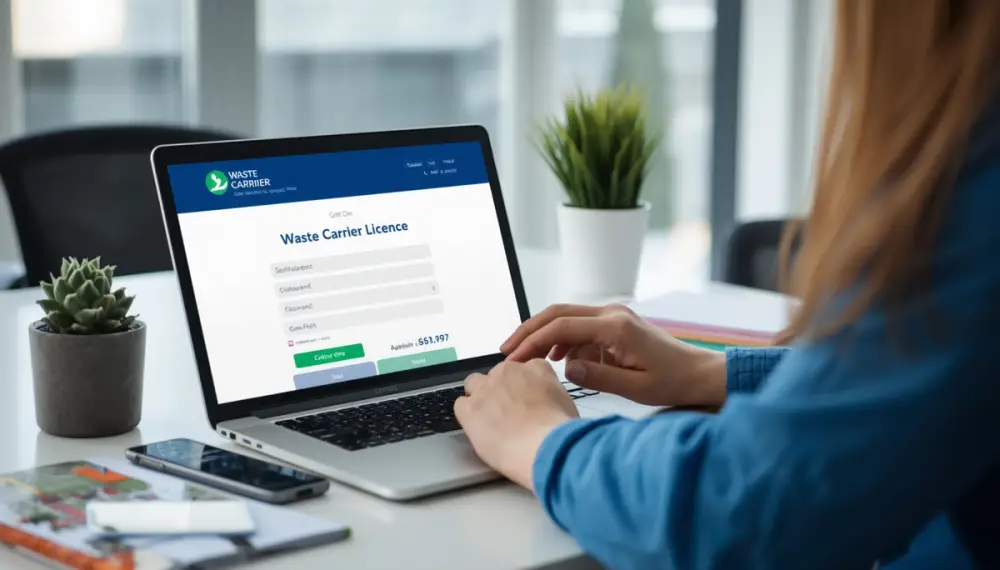 Professional article cover image showing person completing online registration form on laptop or tablet for waste carrier licence, clean modern office setting, UK business context, professional photography style, blue and green