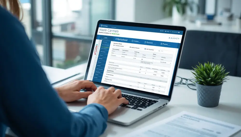 Woman on a laptop looking at costs of waste carrier licenses
