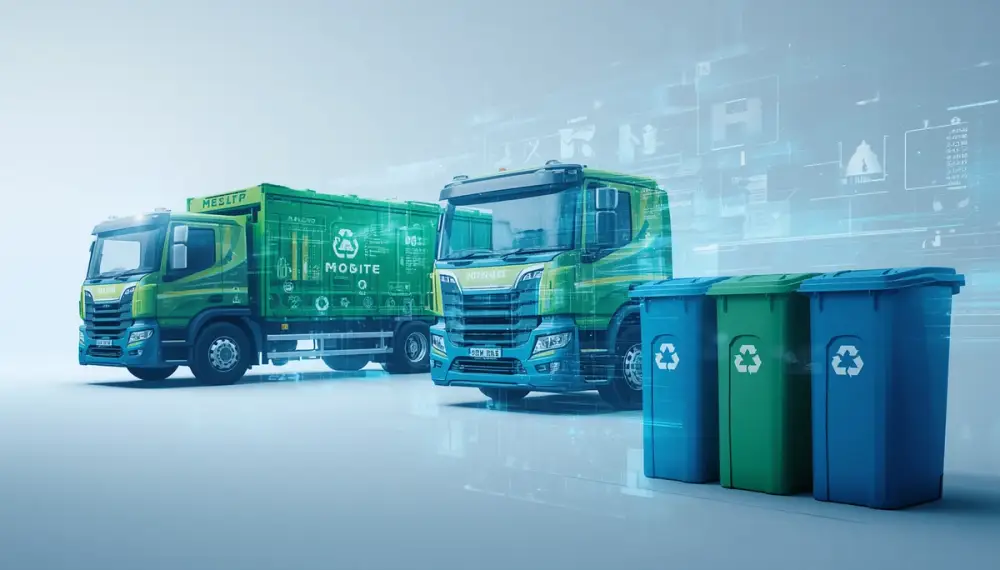 UK Digital Waste Software depicted by two waste trucks and three recycling bins and a digital interface in front of them