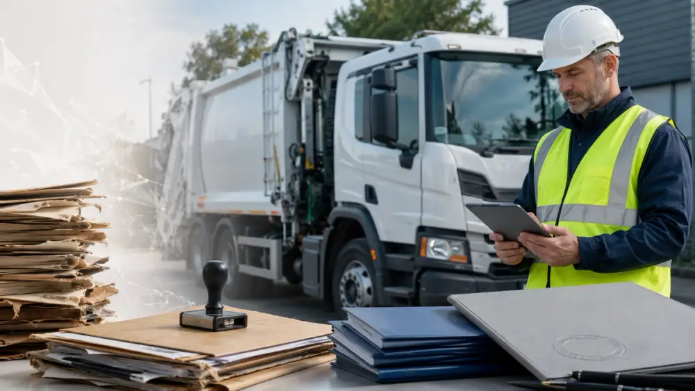 Man in high vis jacket in front of a desk with waste permits on it. Behind him is a waste truck