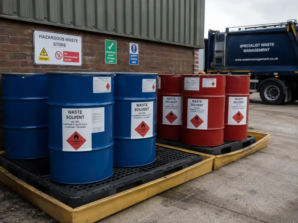 Sealed, labelled drums of waste solvent in a bunded store away from drains, ready for a licensed carrier to take for recovery or incineration.