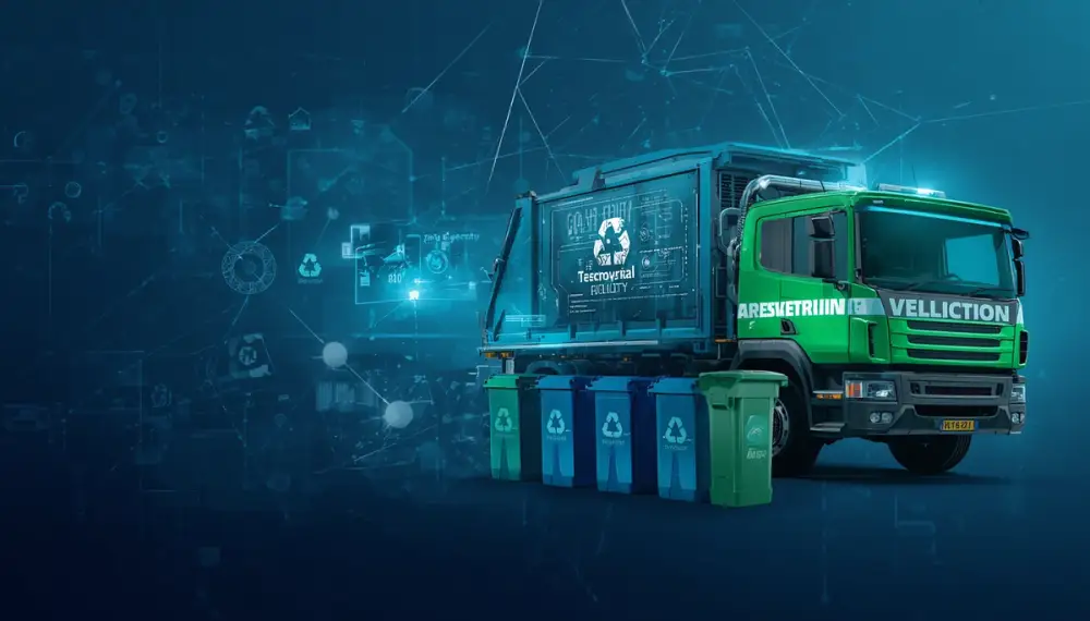 Digital waste depicted but a uk waste truck with 5 wheelie bins to the left of it. Image has a digitised version of recycle signs and other techy looking images