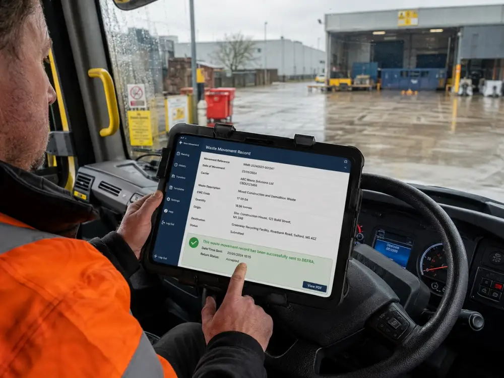 A waste carrier in the cab logging a waste movement on a tablet, the digital record sent to DEFRA.