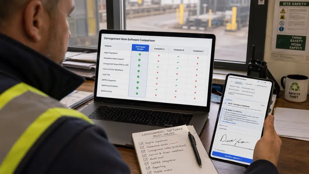 A waste site weighbridge office where the software sends each waste receipt straight to DEFRA through the Receipt of Waste API.
