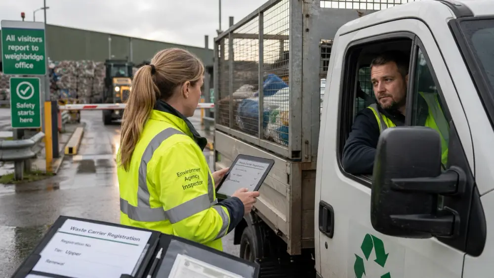 An inspector in hi-vis checks a waste carrier registration on a tablet with digital waste note software beside a white waste truck at a recycling site entrance, illustrating waste carrier licence checks and upper-tier registration compliance.