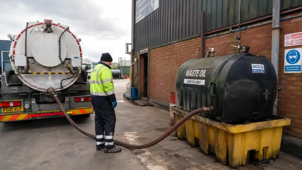 A waste oil collection: a tanker hose draining used engine oil from a workshop's bunded storage tank.