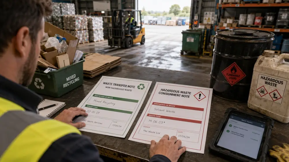 Waste transfer note next to a hazardous waste consignment note - on the right is a tablet with a digital waste consignment note