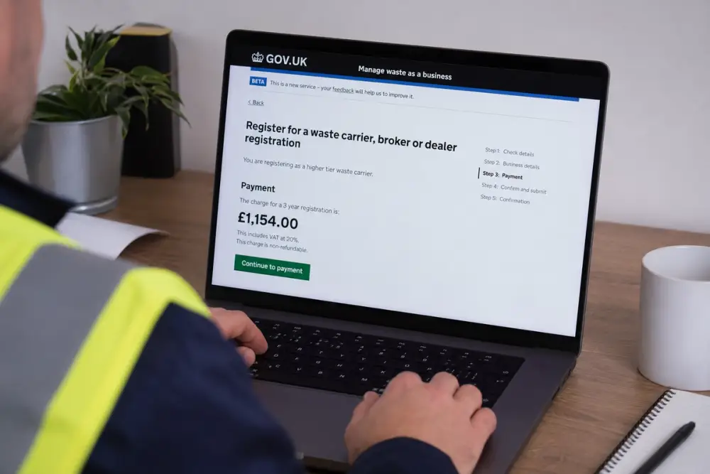 A waste operator at a laptop registering for DEFRA's digital waste tracking service, the annual fee on screen.