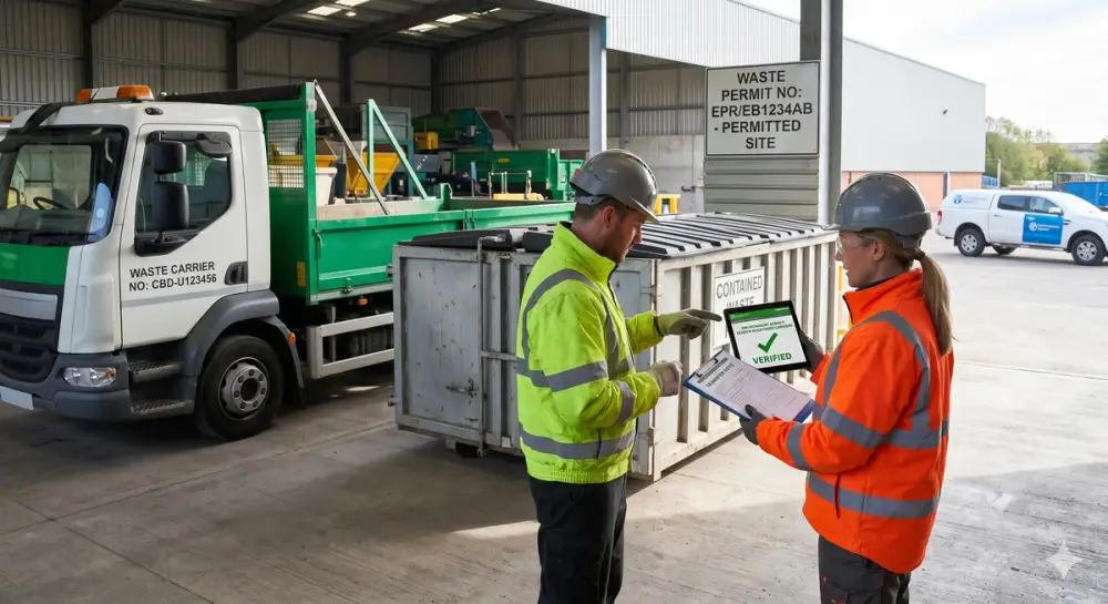 A photograph taken at an industrial waste transfer station. A female waste producer (right), wearing a hard hat and high-vis jacket, is handing a clipboard titled "TRANSFER NOTE" to a male waste carrier truck driver (center). Simultaneously, they both look at a tablet screen she holds, which displays an official Environment Agency "REGISTERED CARRIER" search result with a green "VERIFIED" checkmark, illustrating the 'Authorised Person Check' of waste duty of care. Next to them is a closed, contained waste container. Signs on the far building mark it as a 'PERMITTED SITE,' and an Environment Agency vehicle is visible in the far background.