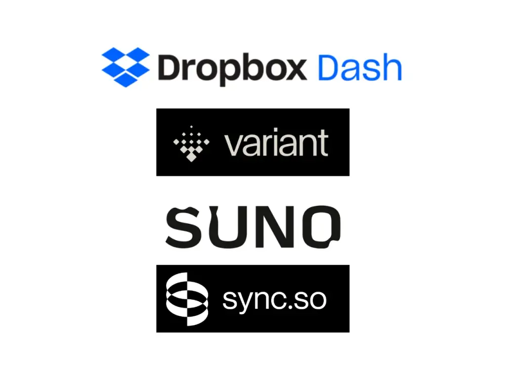Four stacked logos: Dropbox Dash, Variant, SUNO, and sync.so, on a white background