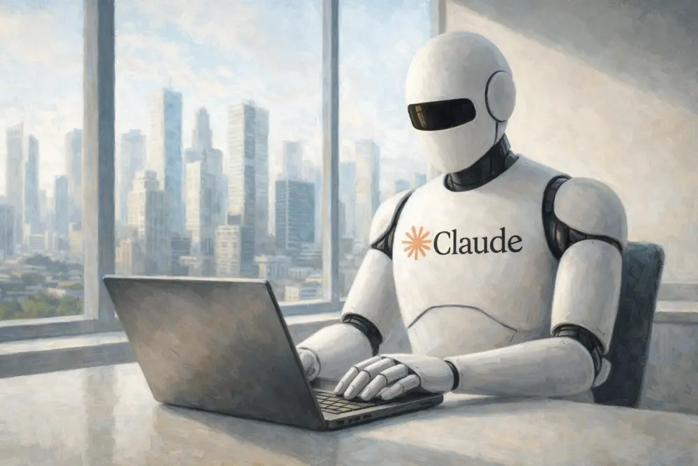 White humanoid AI robot with Claude logo working on a laptop