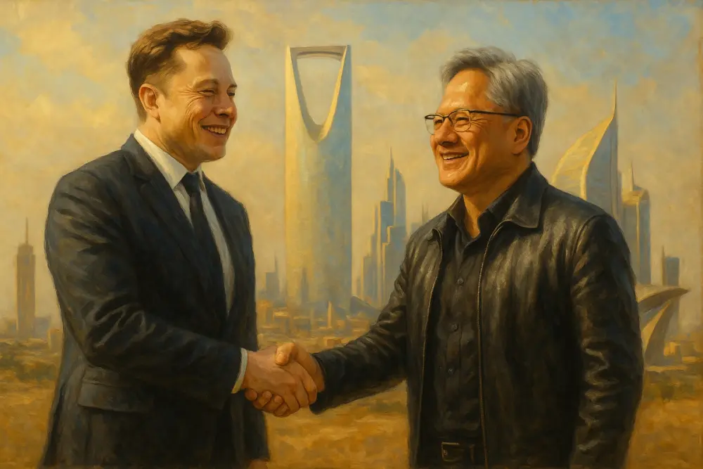 Smiling Elon Musk and Jensen Huang shake hands in front of Riyadh’s Kingdom Tower