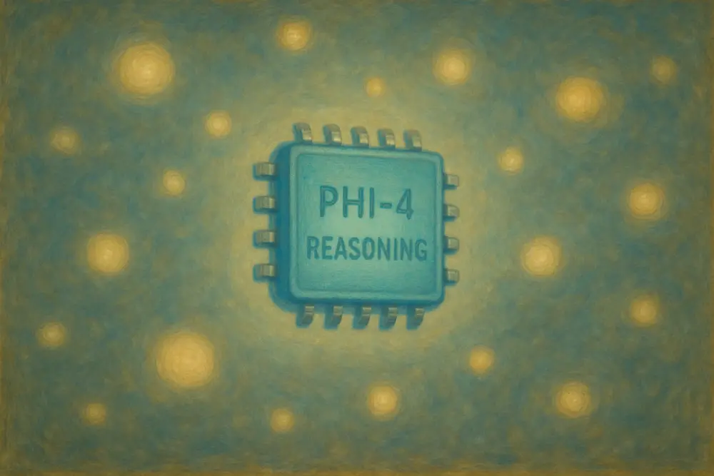 A glowing light blue microchip labeled "Phi-4 Reasoning" floats in a cloud of light, surrounded by soft, glowing orbs