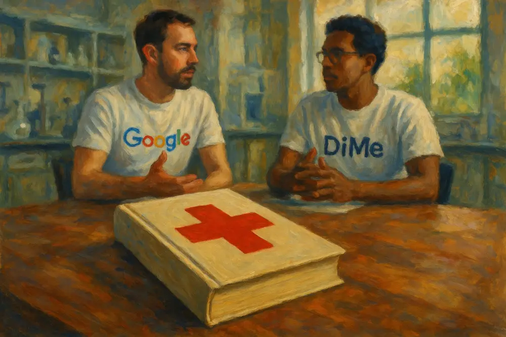 Two men labeled Google and Di Me discuss in a sunlit lab beside a book with a red cross on the cover