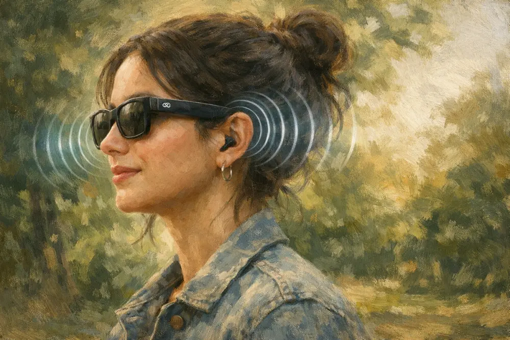 A woman in Meta AI glasses with soundwaves