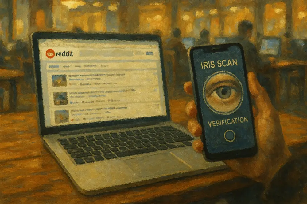 A laptop displaying the Reddit homepage on a wooden table, with a hand holding a smartphone showing an iris scan verification screen