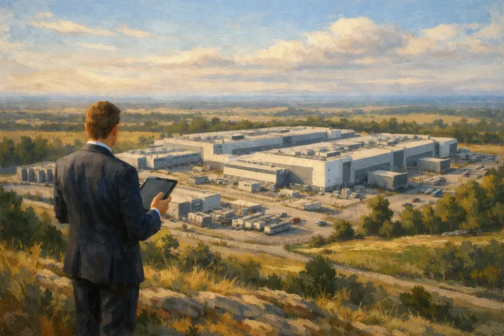 Business professional with tablet overlooking modern data center