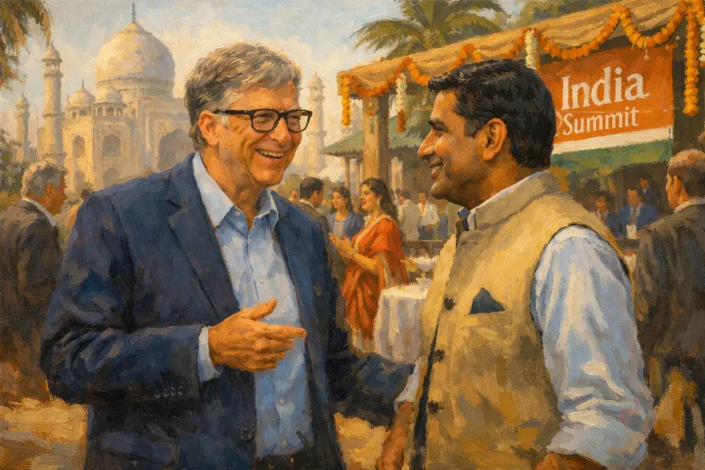 Bill Gates speaking with attendee at India summit