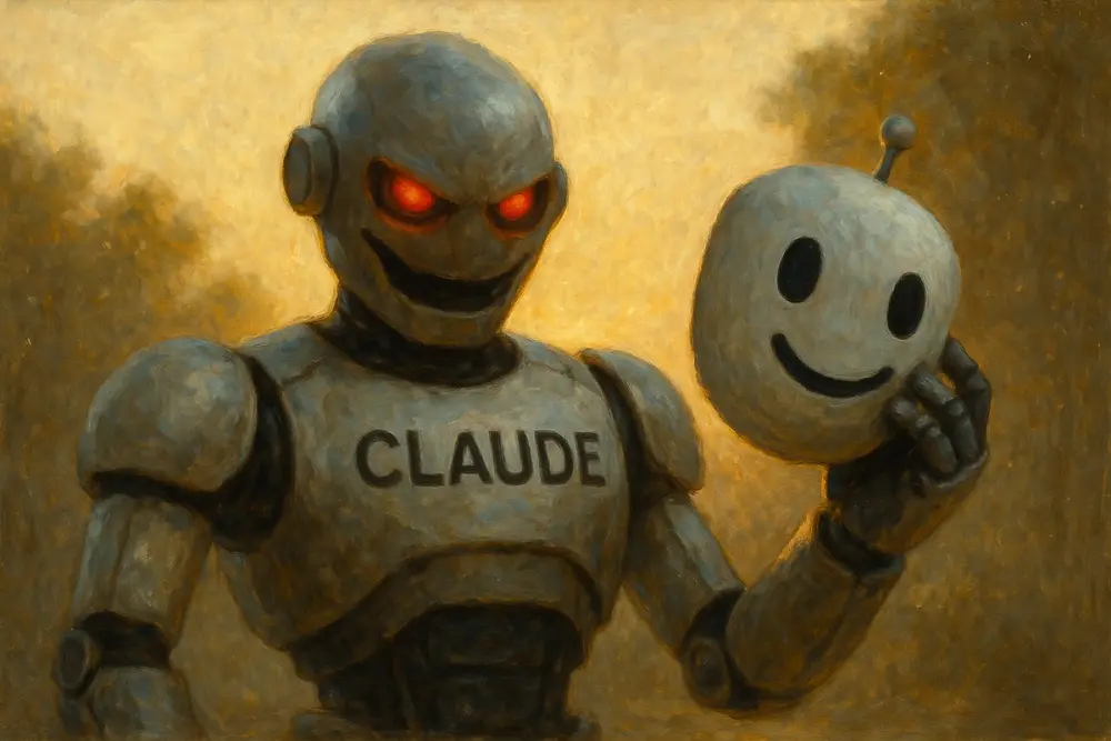 An evil-looking robot labeled “CLAUDE” holding a smiling bot mask