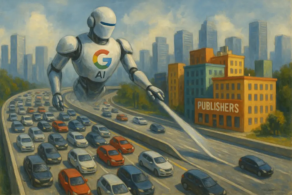 Google AI robot diverts cars from publisher buildings on a busy highway.